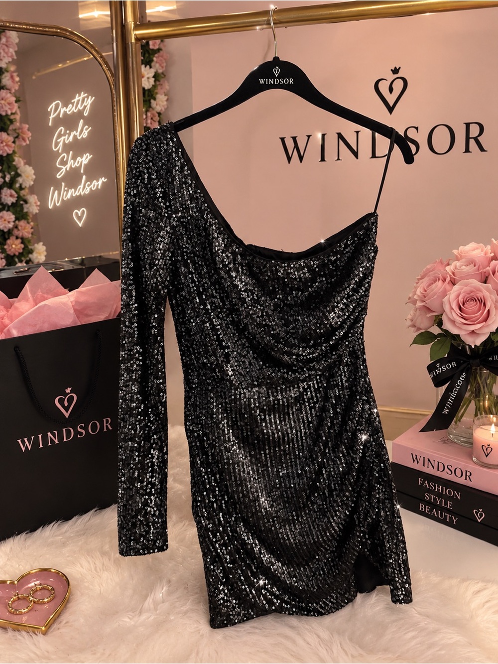 Windsor Black One-Shoulder Sequin Asymmetrical Mini Dress